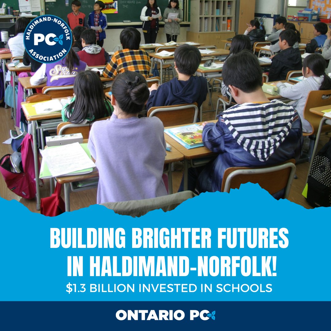 Building better schools for Haldimand-Norfolk! Ontario PC government doubles school funding to $1.3B in 2023-24, creating 81,000 pupil spaces. Candidate Amy Martin supports a stronger future. 💙 #ONPC #DougFord #AmyMartin