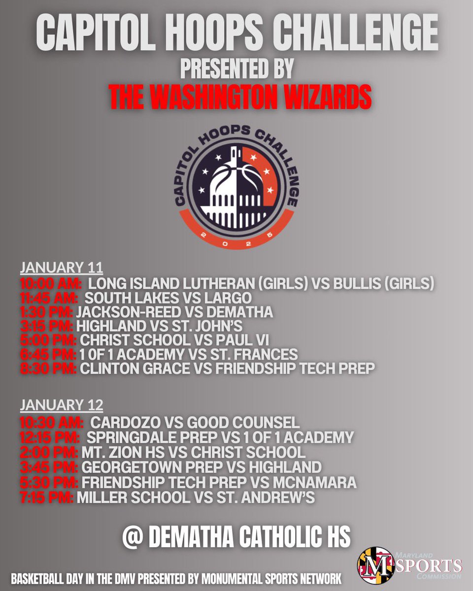 The Capitol Hoops Challenge presented by the Washington Wizards will be on Jan 11-12 at DeMatha Catholic. 

Tickets are on sale now. 

my.hometownticketing.com/agency/88d46de…