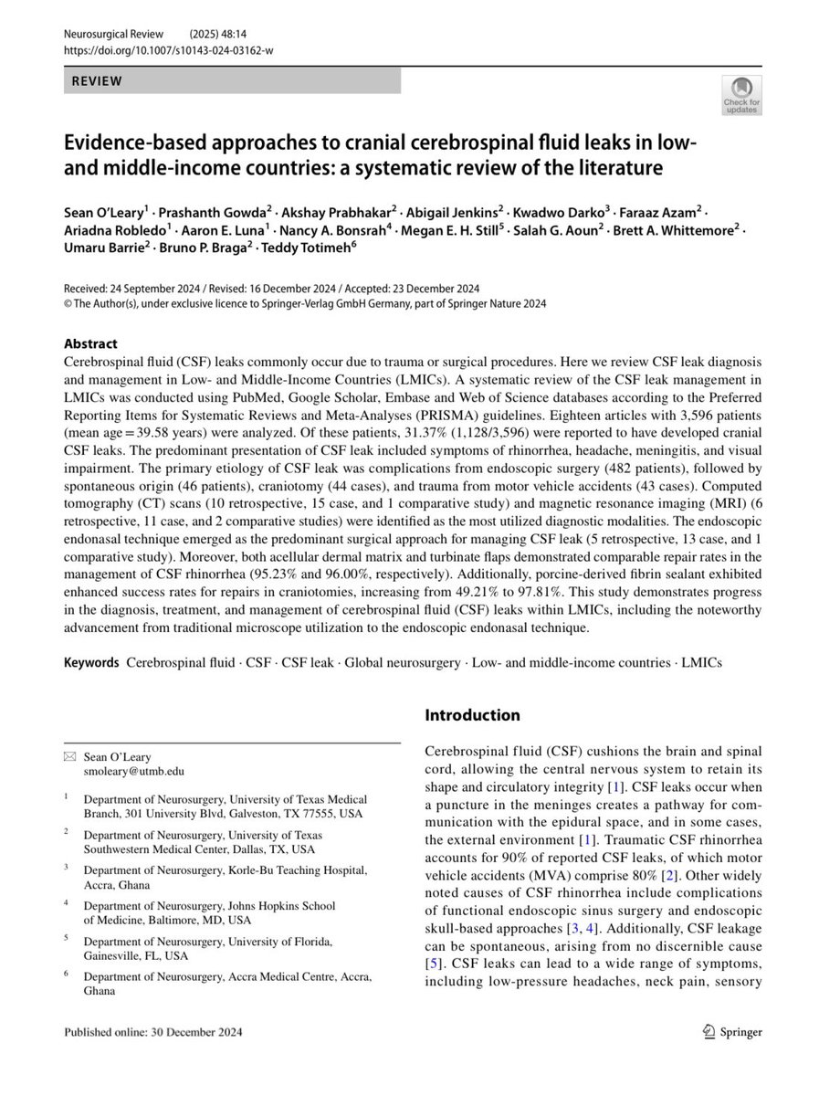Umaru Barrie, MD, PhD (@mansabarrie) on Twitter photo Excited to share our latest publication on CSF leaks in Low- and Middle-Income Countries (LMICs)!
A big thank you to lead author <a href="/SeanMNOLeary/">Sean O'Leary</a> , our incredible team, and the senior authors for making this possible.
Dive into the review here:
link.springer.com/article/10.100… Excited to share our latest publication on CSF leaks in Low- and Middle-Income Countries (LMICs)!
A big thank you to lead author <a href="/SeanMNOLeary/">Sean O'Leary</a> , our incredible team, and the senior authors for making this possible.
Dive into the review here:
link.springer.com/article/10.100…