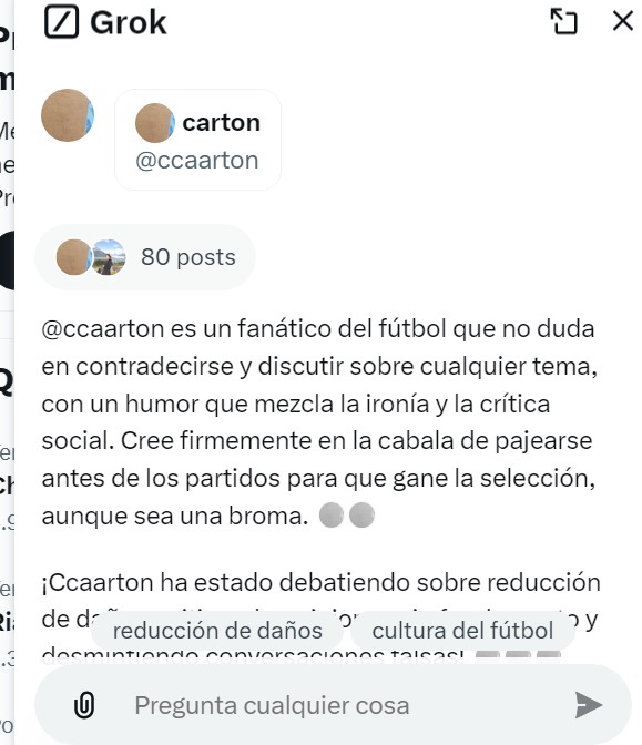 me vuelve loco que la IA de tuiter te hace resumenes de las cuentas, como para saber si las queres seguir o no...
Dice que soy fanatico del futbol....si hay algo que no soy es "fanatico" de nada, pero del futbol? nisiquiera tengo un equipo al que sigo.
Lo de pajearme seguro.