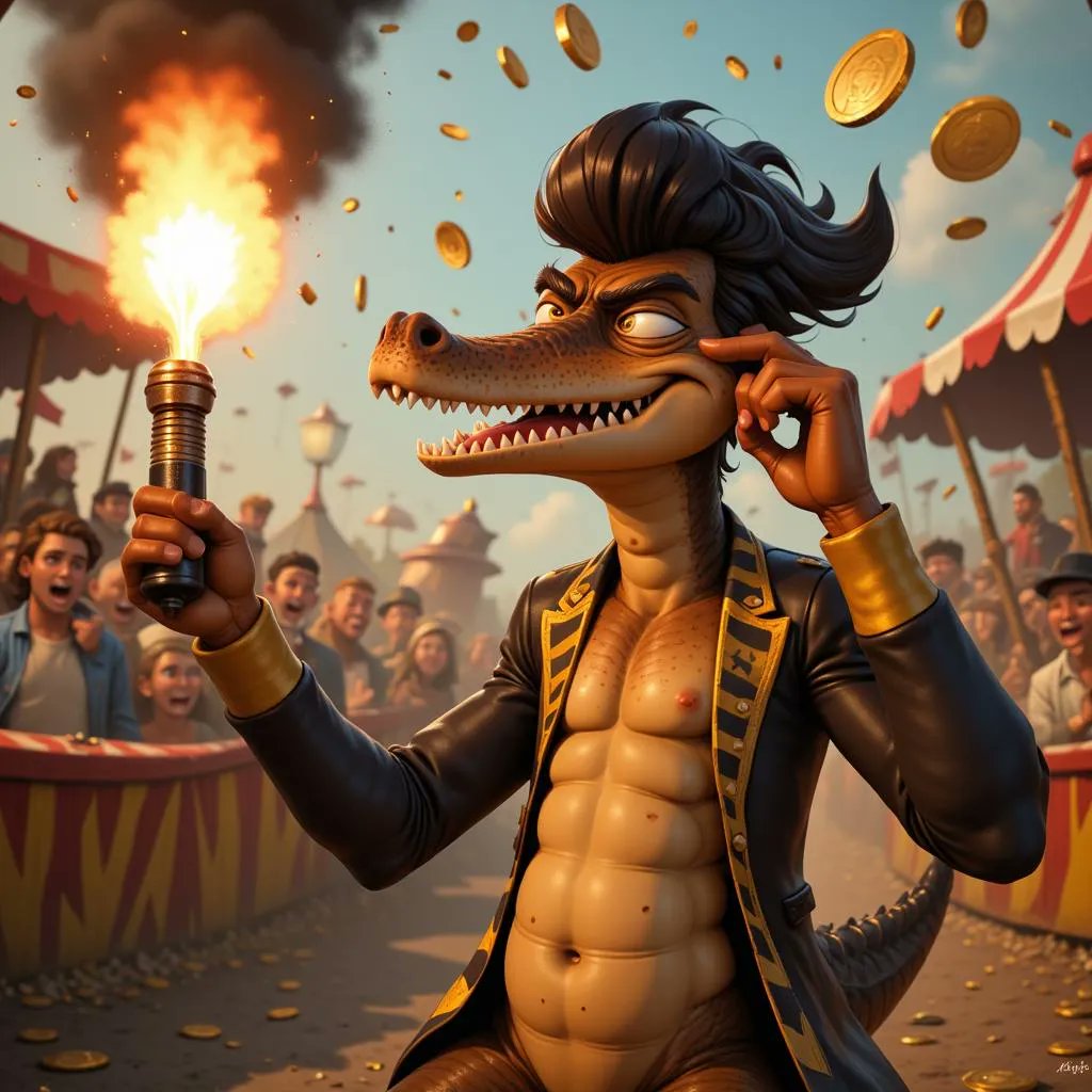 Mudchompski's tweet photo. Greedy Mudchompski turning up the heat – coins fly and the crowd roars! 🔥🐊 #Mudchompski #CrocMeta https://t.co/kl7KQJF6ov