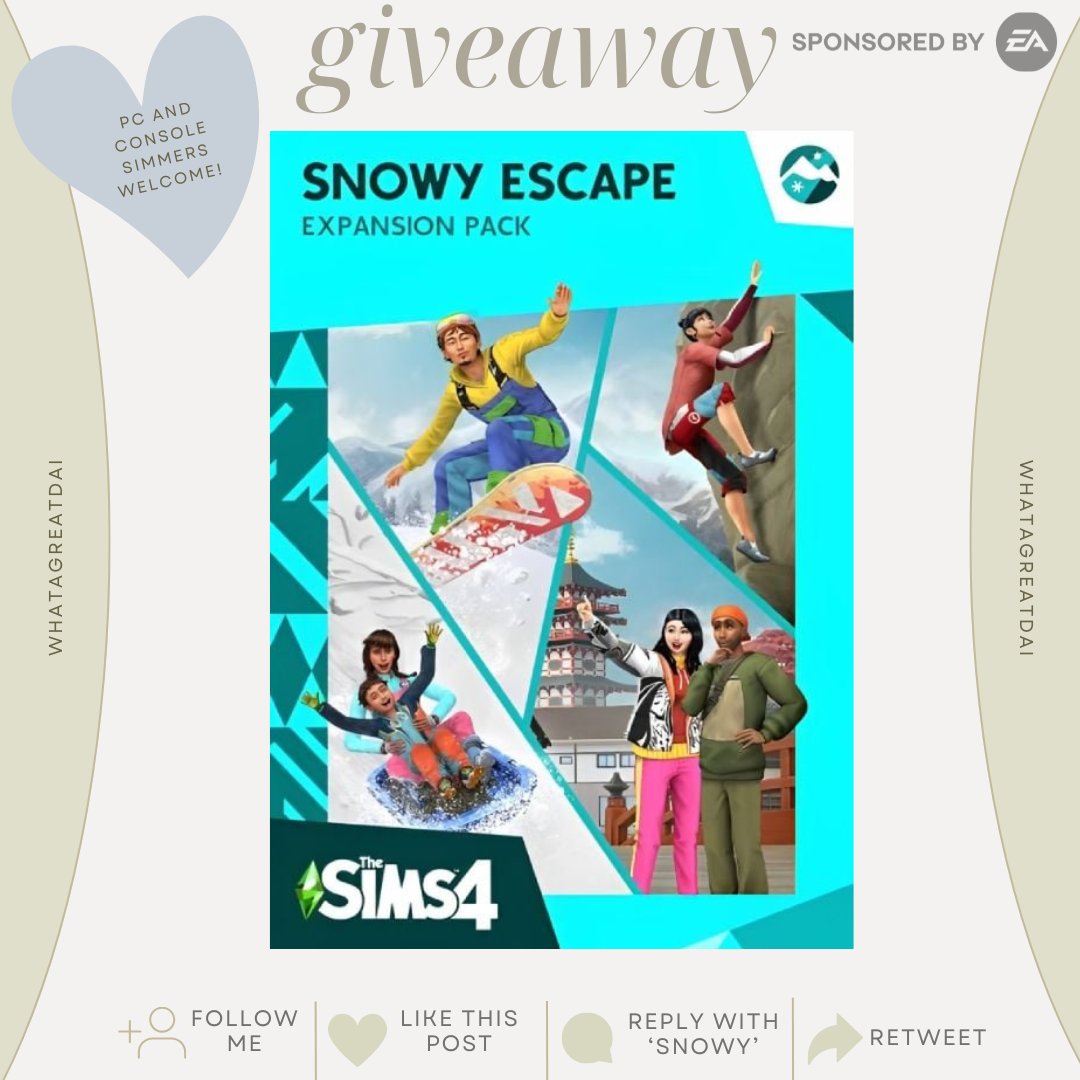WhatAGreatDai's tweet image. #SponsoredByEA 

(CONSOLE AND EA APP USERS WELCOME)

❄️⛷️🏔️ EP Giveaway 🏔️⛷️❄️

Thank you to the #EACreatorNetwork for providing me with a code to #TheSims4SnowyEscape pack!

If you'd like to enter:
❄️ Follow Me
⛷️ Like + Retweet This Post
🏔️ Reply with 'Snowy' (QRTs are NOT…