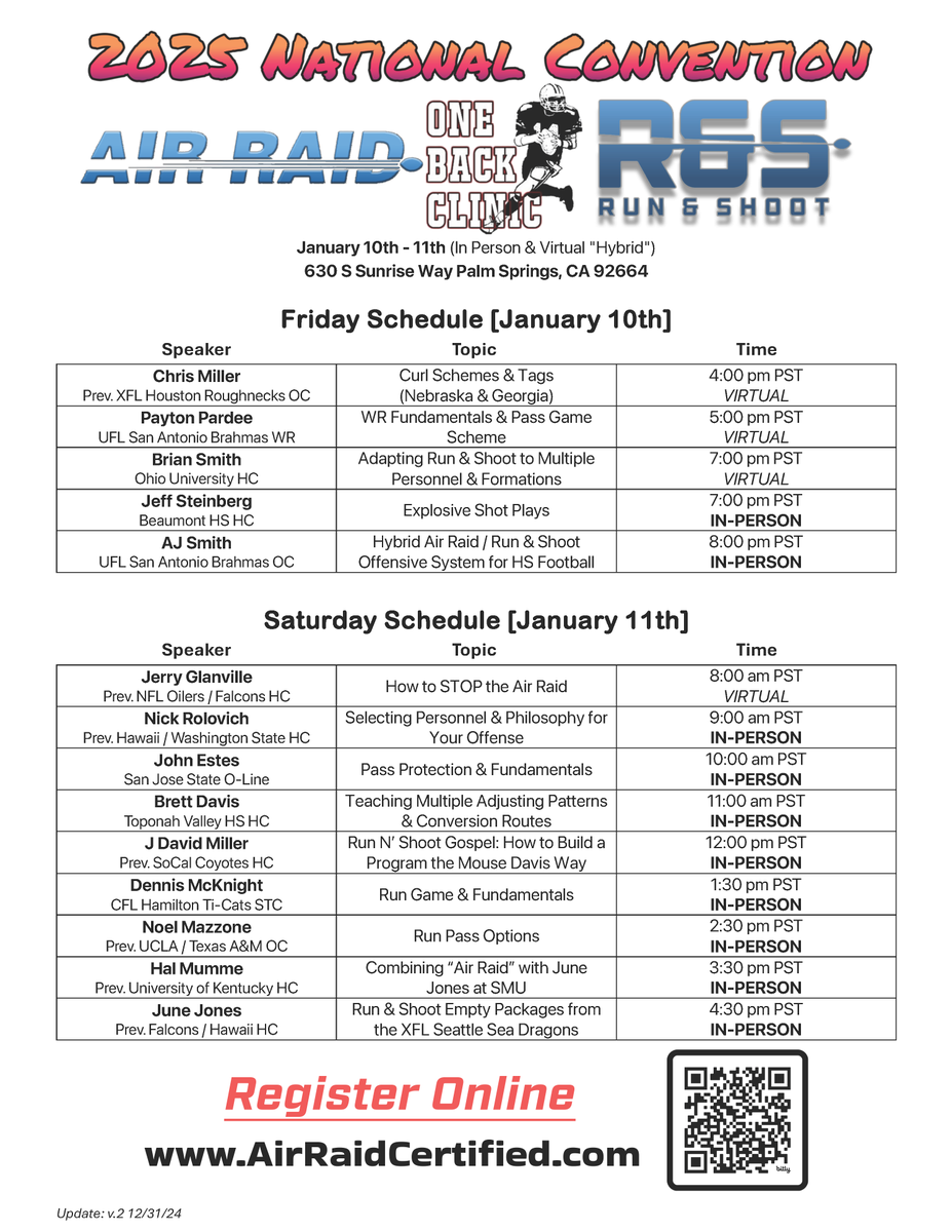 AirRaidCert's tweet photo. 2025 Air Raid / Run &amp; Shoot "One Back Clinic" featuring @CoachJuneJones @HalMumme and now @NzoneFootball 

NEW SCHEDULE
January 10 - 11th

Streamed live! All attendees in person or virtual will receive video recordings life time.  

For more information
https://t.co/s2LGimdyDa https://t.co/HlENp651O7