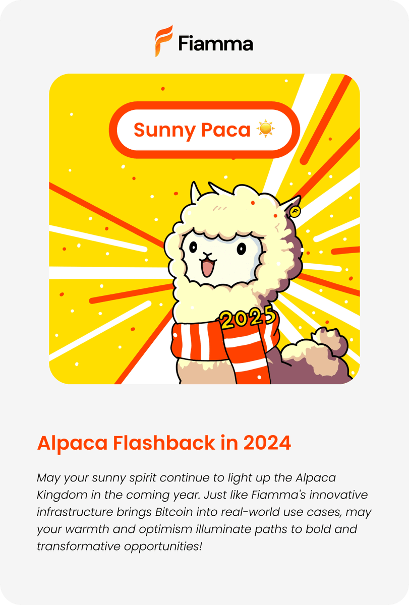 Here's my Alpaca Flashback for 2024! So thrilled to be one of the first members of the Fiamma Alpaca Family. Can't wait to see what 2025 has in store! 🦙🔥 Join the Alpaca Family and grab your poster now👇 #FiammaFluff2024 🦙🔥
x.com/fiamma_labs/st…