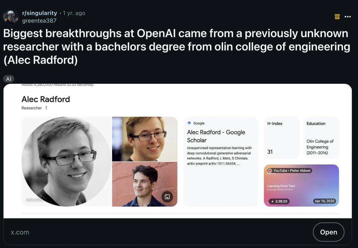 Yuchenj_UW's tweet image. Alec does not have a PhD degree
Alec invented GPT and CLIP in Jupyter notebooks
you don’t need a PhD degree to be a great researcher and engineer
You can just do things!