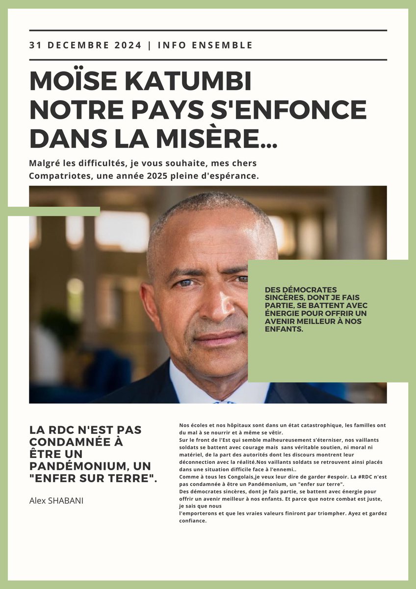 MESSAGES! 
Comme à tous les Congolais, je veux leur dire de garder #espoir. La #RDC n'est pas condamnée à être un Pandémonium, un "enfer sur terre".
Des démocrates sincères, dont je fais partie, se battent avec énergie pour offrir un avenir meilleur à nos enfants. <a href="/moise_katumbi/">Moise Katumbi</a>