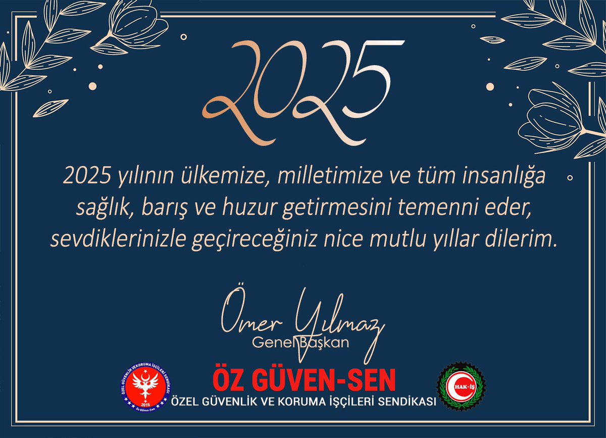 Tüm emekçilerimizin yeni yılını en içten dileklerimizle kutluyor, 2025 yılının çalışma hayatının sorunlarının çözüldüğü,  ülkemiz ve tüm insanlığın barışa, huzura ve refaha kavuşacağı bir yıl olmasını temenni ediyoruz.

<a href="/06omeryilmaz/">Ömer YILMAZ</a> <a href="/06muratUnal/">MURAT ÜNAL</a> <a href="/hakiskonf/">HAKİŞ KONFEDERASYONU</a> <a href="/ferhatozkan06/">ferhatozkan06</a>