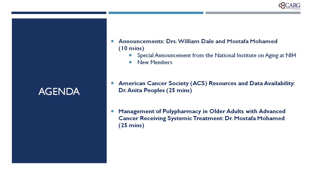 Cancer and Aging Research Group (CARG) #GeriOnc (@mycarg) on Twitter photo 🔉📷 Join us at the upcoming bi-weekly <a href="/myCARG/">Cancer and Aging Research Group (CARG) #GeriOnc</a>
meeting!
1/7 at 11am PT/2pm ET Co-leads: Drs. <a href="/WilliamDale_MD/">William Dale, MD, PhD, FASCO</a> and Mostafa Mohamed
*Agenda*
-Announcements
-ACS Resources & Data Availability: Dr. Peoples
-Management of Polypharmacy in Older Adults w/ Advanced Cancer: Dr. Mohamed 🔉📷 Join us at the upcoming bi-weekly <a href="/myCARG/">Cancer and Aging Research Group (CARG) #GeriOnc</a>
meeting!
1/7 at 11am PT/2pm ET Co-leads: Drs. <a href="/WilliamDale_MD/">William Dale, MD, PhD, FASCO</a> and Mostafa Mohamed
*Agenda*
-Announcements
-ACS Resources & Data Availability: Dr. Peoples
-Management of Polypharmacy in Older Adults w/ Advanced Cancer: Dr. Mohamed