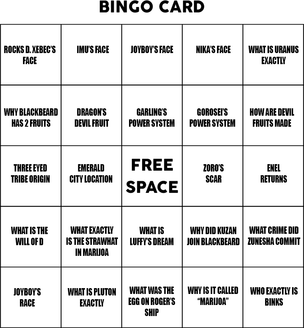 🏴‍☠️🧠 Here is my One Piece 2025 Bingo Card.  

I predict 7 of them will be answered, by the end of the year.  

I made a template for you to use in the replies below.