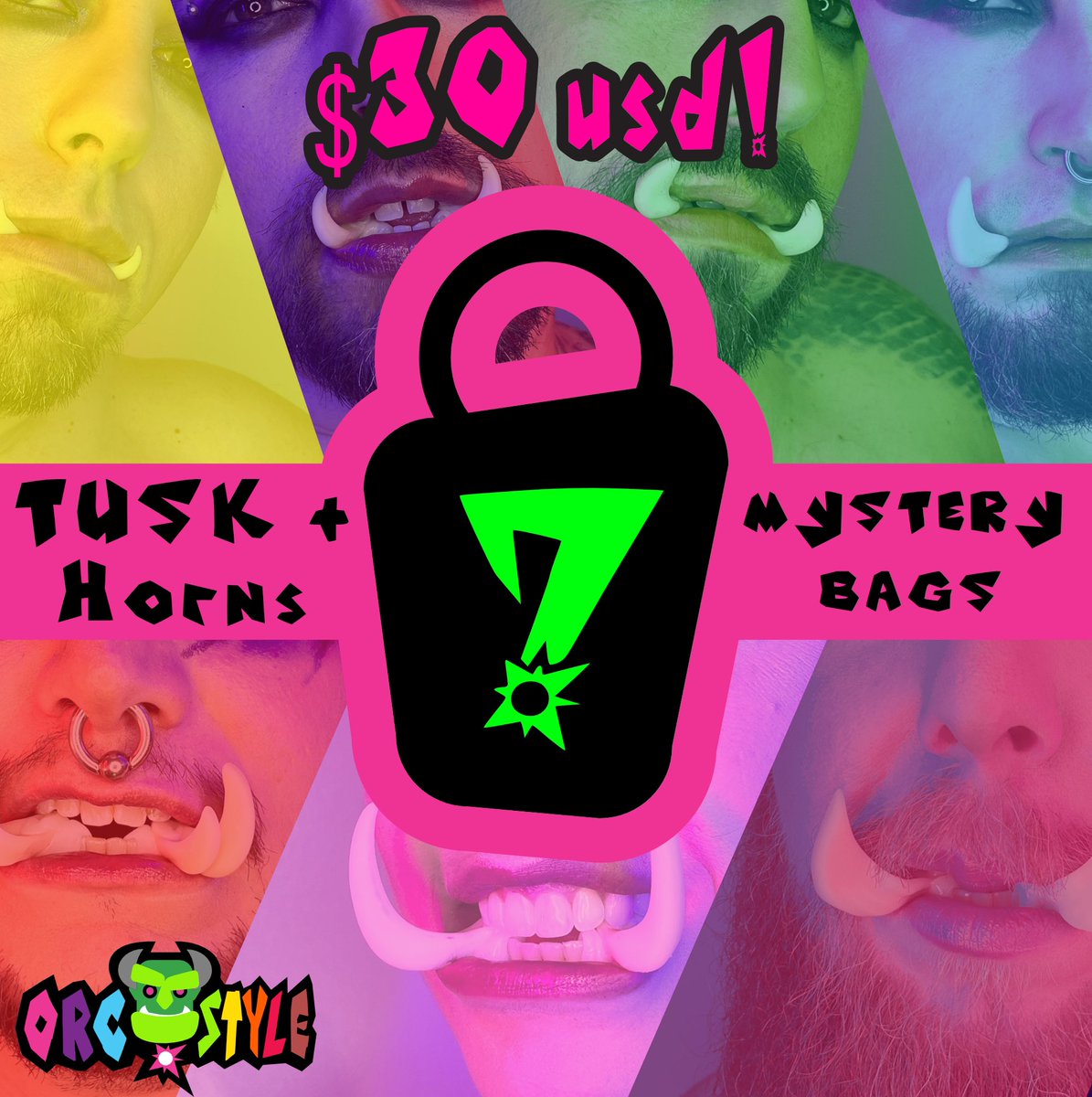 We r so close to beating last yr's sales so we r bringing back Mystery Bags for 12 hrs! We have discontinued tints of tusks in bleach + a set of glowing magnetic hat horns + 4 holo stickers or cards for $30 USD!! Stock is limited so go get it at Orc.style