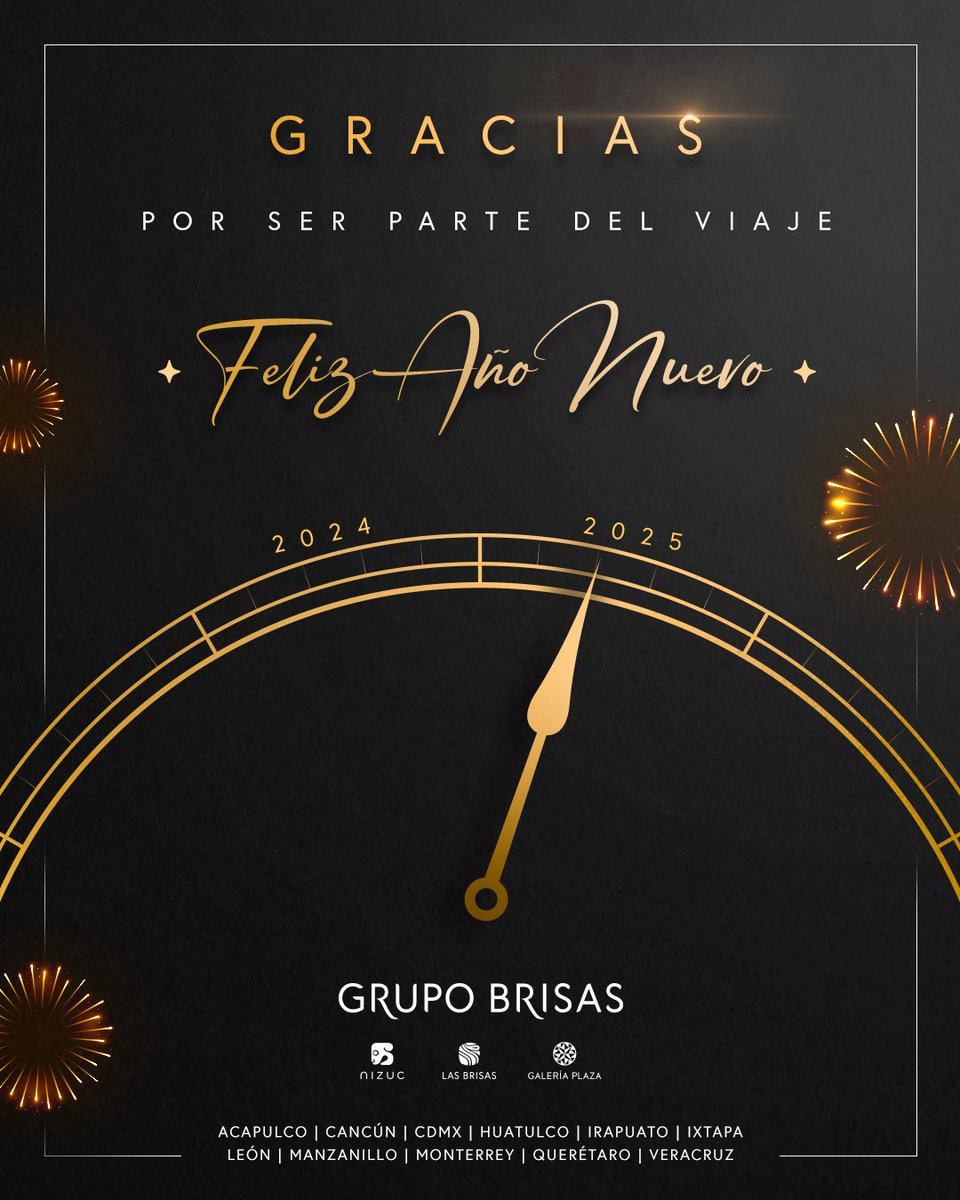 🍇🥂🥳 ¡𝗙𝗲𝗹𝗶𝘇 𝗔ñ𝗼 𝗡𝘂𝗲𝘃𝗼! 𝗗𝗲𝘀𝗲𝗮𝗺𝗼𝘀 𝗾𝘂𝗲 𝘁𝗲𝗻𝗴𝗮𝗻 𝘂𝗻 2025 𝗿𝗲𝗽𝗹𝗲𝘁𝗼 𝗱𝗲 #𝗲𝘅𝗽𝗲𝗿𝗶𝗲𝗻𝗰𝗶𝗮𝘀ú𝗻𝗶𝗰𝗮𝘀….Agradecemos su preferencia y los esperamos pronto para vivir momentos inolvidables.

#eligeelegir #bienvenido2025