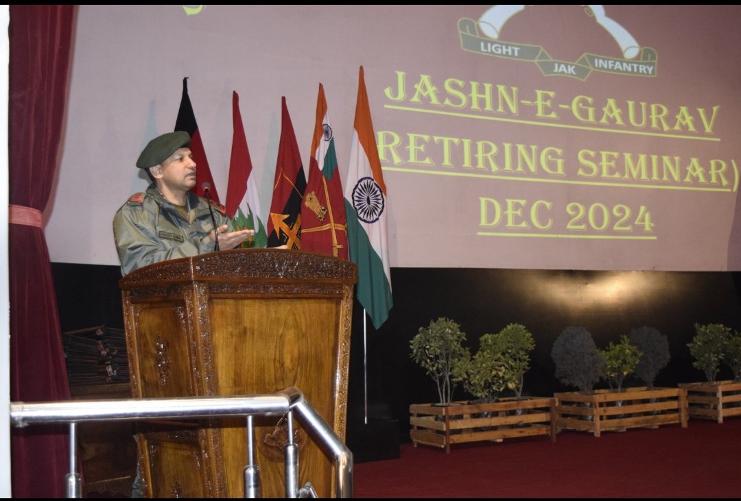 “Jashn-e-Gaurav” seminar for retiring JCOs and ORs was organised at the Jammu and Kashmir Light Infantry Regimental Centre on 31 Dec 2024.  05 x Sub Maj, 54 x Sub and 14 x NCOs of the Regt, hailing from various districts of the UT of J &amp; K are superannuating on the day.