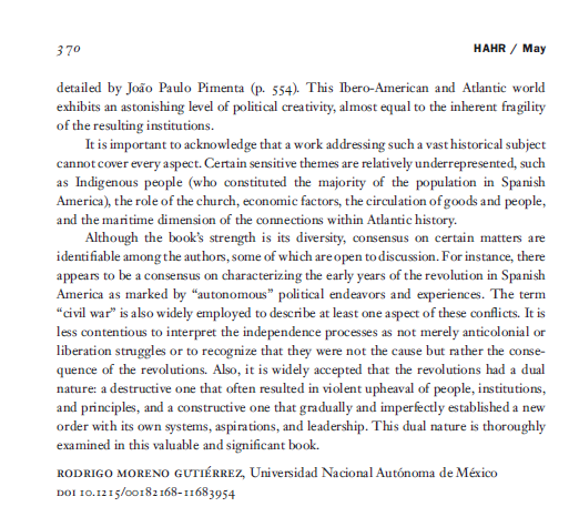 RodrigoMorenoGu's tweet photo. Ya está disponible la micro reseña que escribí para la #HAHR sobre el tercer volumen dedicado a los imperios ibéricos de la historia de Cambridge sobre la era de las revoluciones atlánticas (ed. por Klooster)
👉https://t.co/vTRs9k8lqh https://t.co/CCinbAd47r