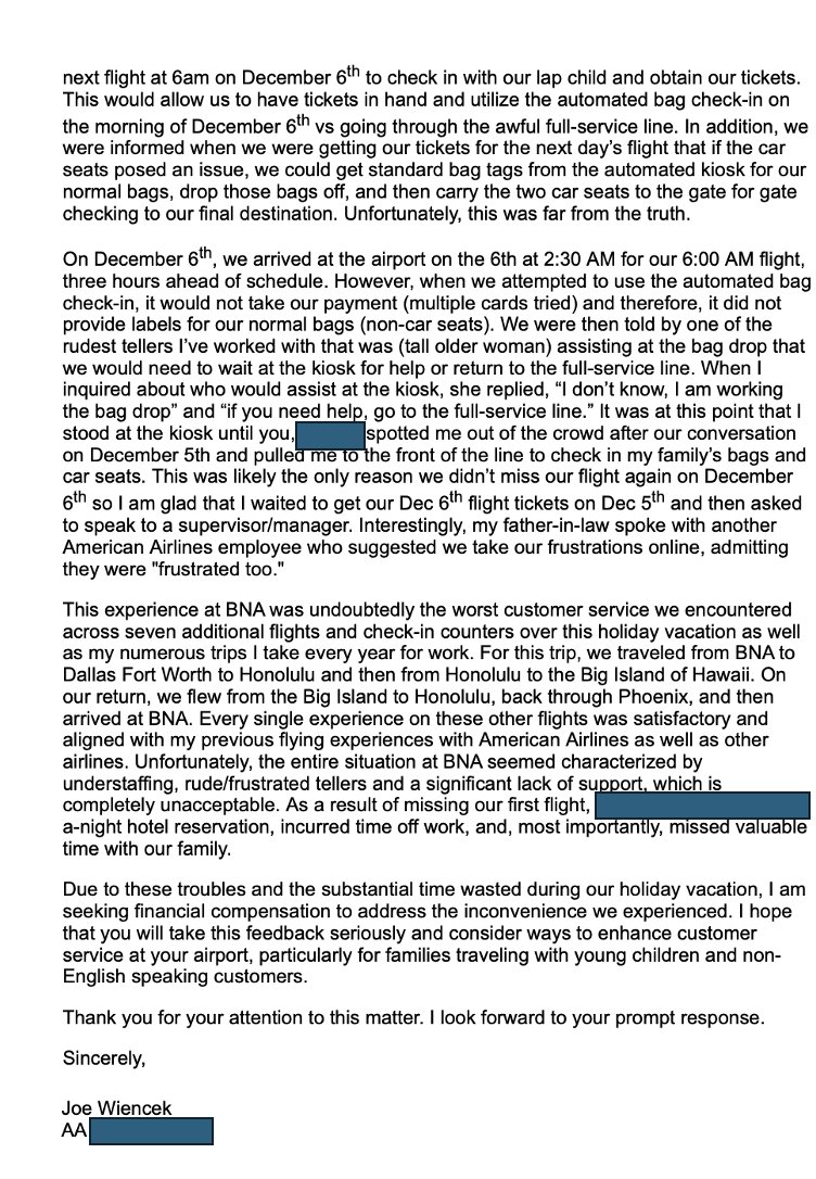 Joe Wiencek, PhD, DABCC (@dxsteward) on Twitter photo Read on for worst experience flying with <a href="/AmericanAir/">americanair</a> out of <a href="/Fly_Nashville/">Fly Nashville</a> and ~two weeks later, still no response from the supervisor who gave me her card to report the instance. <a href="/SouthwestAir/">Southwest Airlines</a> could attest to these abysmal experiences. Please share.
Do better <a href="/AmericanAir/">americanair</a>. Read on for worst experience flying with <a href="/AmericanAir/">americanair</a> out of <a href="/Fly_Nashville/">Fly Nashville</a> and ~two weeks later, still no response from the supervisor who gave me her card to report the instance. <a href="/SouthwestAir/">Southwest Airlines</a> could attest to these abysmal experiences. Please share.
Do better <a href="/AmericanAir/">americanair</a>.