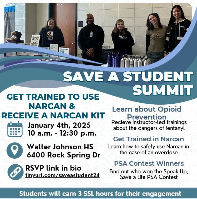 GMSVikings's tweet photo. Save a Student Summit β Jan 4, 2025! π
π
π Walter Johnson HS (10 AMβ12:30 PM)
βοΈ Learn about opioid prevention π«π
βοΈ Get trained to use Narcan & receive a free kit π©Ή
βοΈ Earn 3 SSL hours β³
RSVP π https://t.co/3N7C4FAlse #SaveAStudent #OpioidAwareness @MCPS https://t.co/kzdiu1GVZS