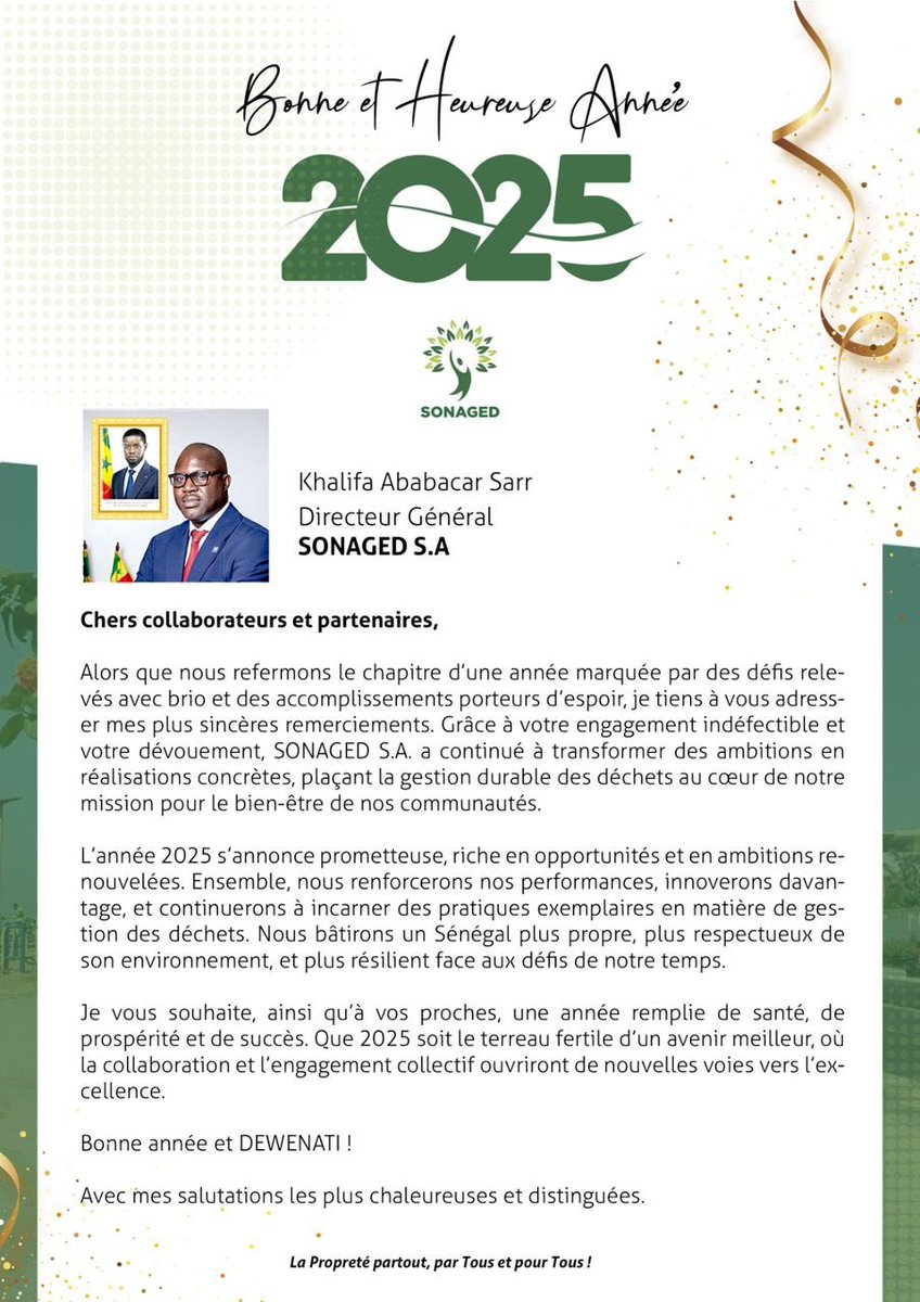 khalifa_a_sarr's tweet image. 2025, une année de nouvelles ambitions pour un Sénégal plus propre et résilient ! 

Merci à nos équipes et partenaires pour leur engagement. Ensemble, construisons l’excellence. Bonne année et DEWENATI ! 

#SONAGED #HappyNewYear #kebetu
