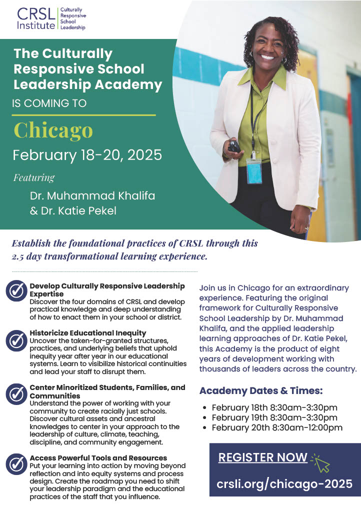 Lionel Allen, Jr. (@ejukator) on Twitter photo I am pleased to announce that <a href="/DrKhalifa_CRSL/">Dr. Muhammad Khalifa</a> and <a href="/KatiePekel/">Katie Pekel</a> are bringing the Culturally Responsive School Leadership Academy to Chicago. Register at crsli.org/chicago-2025. I am pleased to announce that <a href="/DrKhalifa_CRSL/">Dr. Muhammad Khalifa</a> and <a href="/KatiePekel/">Katie Pekel</a> are bringing the Culturally Responsive School Leadership Academy to Chicago. Register at crsli.org/chicago-2025.