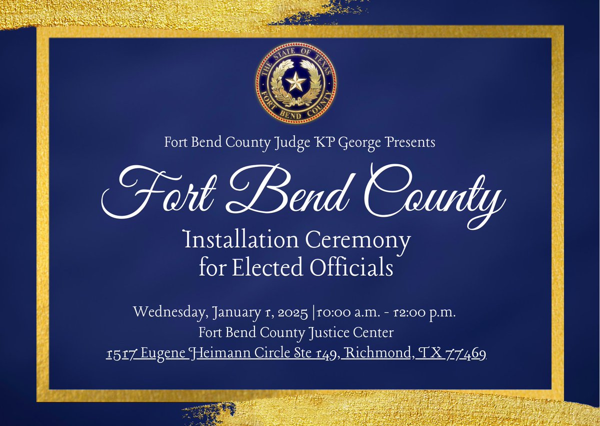 FBC_Judge's tweet photo. We're happy to announce the Installation of our newly elected Fort Bend County Officials. They will be sworn in tomorrow morning. Join us in person or online here:
LIVE Streaming Video | Fort Bend County (copy &amp; paste)
#fortbendcountytx #NewYear #fbctx #fbctxcommunity https://t.co/cC6hjjPMYy