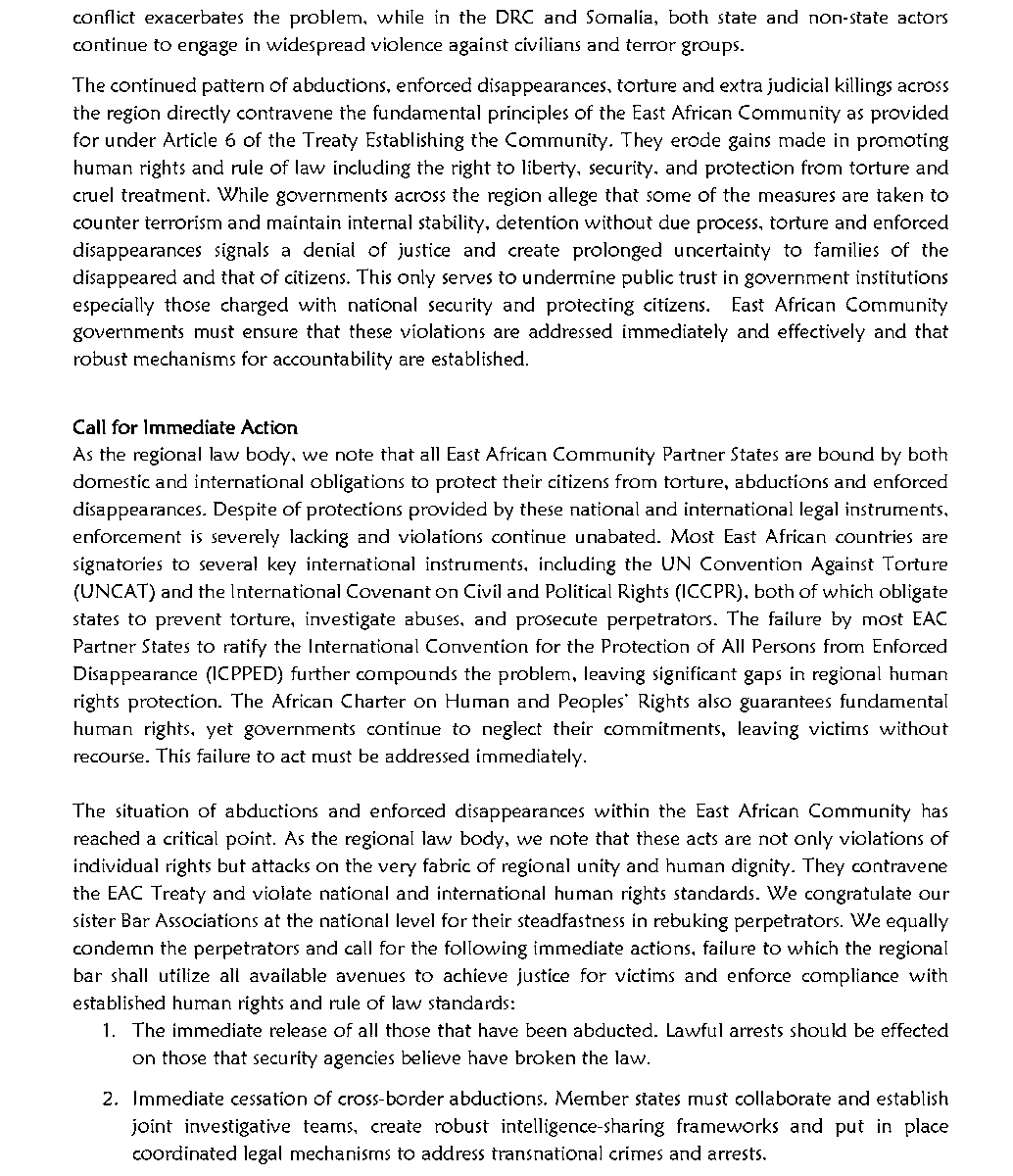 C_NyaKundiH's tweet photo. East Africa Law Society (EALS) issues a statement condemning the recent surge in human rights violations across East Africa, including abductions, enforced disappearances, torture and extrajudicial killings. 

The society cites alarming reports of these abuses targeting dissidents, political activists, and critics, with Kenya, Tanzania and Uganda witnessing the most troubling increases.