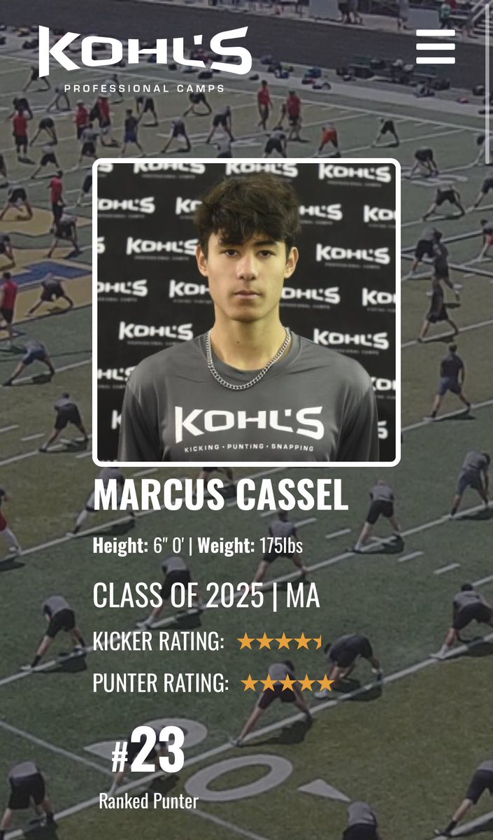 Marcus Cassel (@marcus_cassel07) on Twitter photo After an excellent camp at the Kohl’s Eastern Showcase, I’m honored to have been ranked a 5⭐️ punter and 23rd in 🇺🇸! <a href="/KohlsKicking/">Kohl's Kicking Camps</a> <a href="/CoachDeeks/">Coach Nick ‘Deeks’ DiCairano</a> <a href="/LSfootballtweet/">LS Football</a> After an excellent camp at the Kohl’s Eastern Showcase, I’m honored to have been ranked a 5⭐️ punter and 23rd in 🇺🇸! <a href="/KohlsKicking/">Kohl's Kicking Camps</a> <a href="/CoachDeeks/">Coach Nick ‘Deeks’ DiCairano</a> <a href="/LSfootballtweet/">LS Football</a>