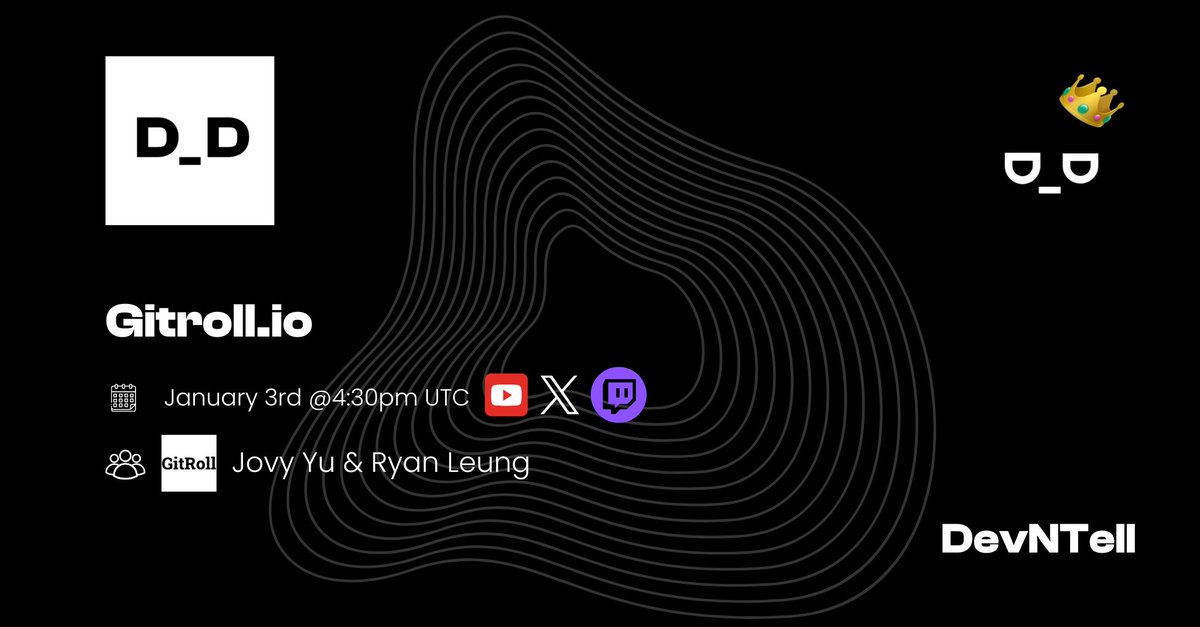 devntellxyz's tweet image. 🎙️ Let your code speak for itself
This week on DevNTell, we are joined by Jovy & Ryan who'll be giving us a showcase of Gitroll 🔥
RSVP Today using the link in the post below👇