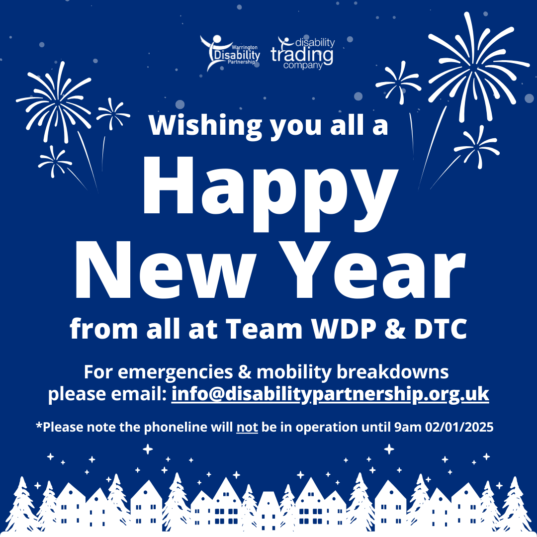 DTCSales's tweet photo. Happy New Year from Team WDP &amp; DTC! We are closed 1pm 24/12/24  &amp; we re-open 9am 02/01/25 

Emergencies &amp; mobility breakdowns: email info@disabilitypartnership.org.uk or visit https://t.co/1xtWwKEow5 

*Please note the phoneline will not be in operation until 02/01/25 https://t.co/KiT1F9kChr