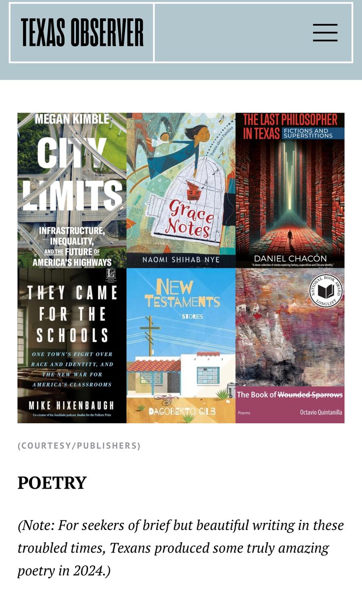 OctQuintanilla's tweet photo. GOOD TO SEE THAT THE TEXAS OBSERVER INCLUDED THE BOOK OF WOUNDED SPARROWS IN THEIR “WHAT TO READ LIST” OF 2024
https://t.co/Y9GaVyTqhU
#thebookofwoundedsparrows #poetry #texasobserver @TxReviewPress https://t.co/LNnB7Y8NLv