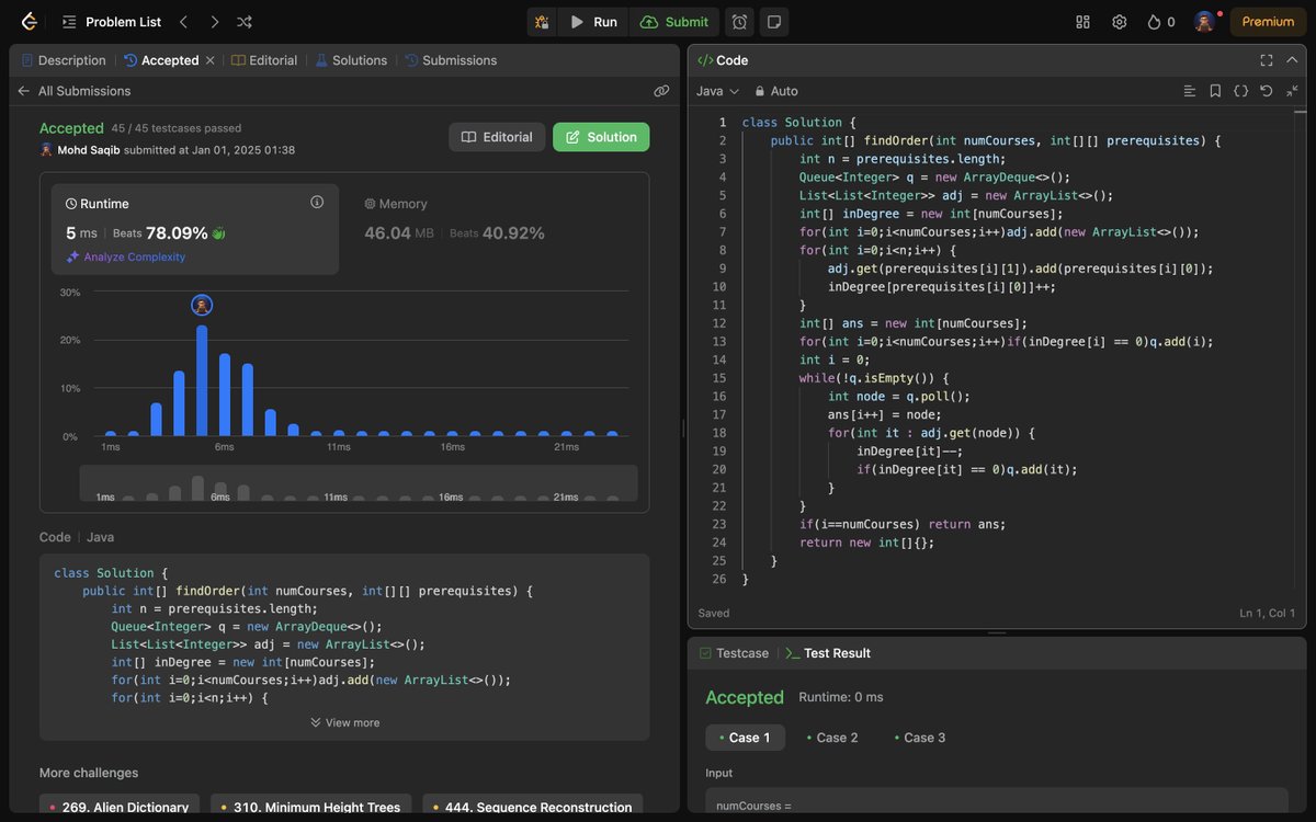 Mohd_Saqib_'s tweet image. 🚀 Day 163 of #180DaysOfCoding 🚀

DSA Progress:

✅ 207. Course Schedule
✅ 210. Course Schedule II

#CodingJourney #ProblemSolving #DSA #Java #100DaysOfCode #letsconnect #CONNECTION