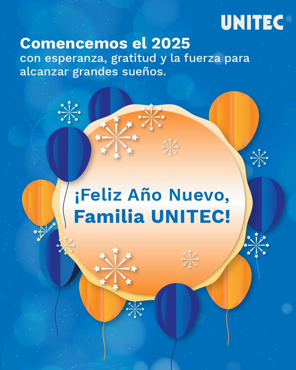 ¡Démosle la bienvenida al 2025 con entusiasmo! 🥂🎇

Que este nuevo año traiga consigo esperanza, gratitud y la energía para cumplir todos tus grandes metas. 🌟✨ ¡Feliz Año Nuevo, Comunidad #UNITEC! 🎓💙

#Bienvenido2025 #NuevasOportunidades