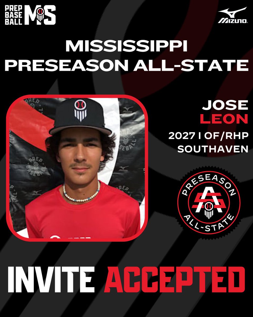 #𝗠𝗦𝗣𝗔𝗦𝟮𝟱: 𝗜𝗡𝗩𝗜𝗧𝗘 𝗔𝗖𝗖𝗘𝗣𝗧𝗘𝗗 🤝

+ '27 OF/RHP Jose Leon (<a href="/JoseLeon211/">Jose leon</a>; <a href="/SouthavenCharg1/">Southaven Charger Baseball</a>) is 𝙇𝙊𝘾𝙆𝙀𝘿 𝙄𝙉 🔐 for the Mississippi Preseason All-State at Clinton HS on Jan. 26th.

𝙍𝙚𝙦𝙪𝙚𝙨𝙩 𝙄𝙣𝙫𝙞𝙩𝙚 ➡️ loom.ly/1apY7lI
