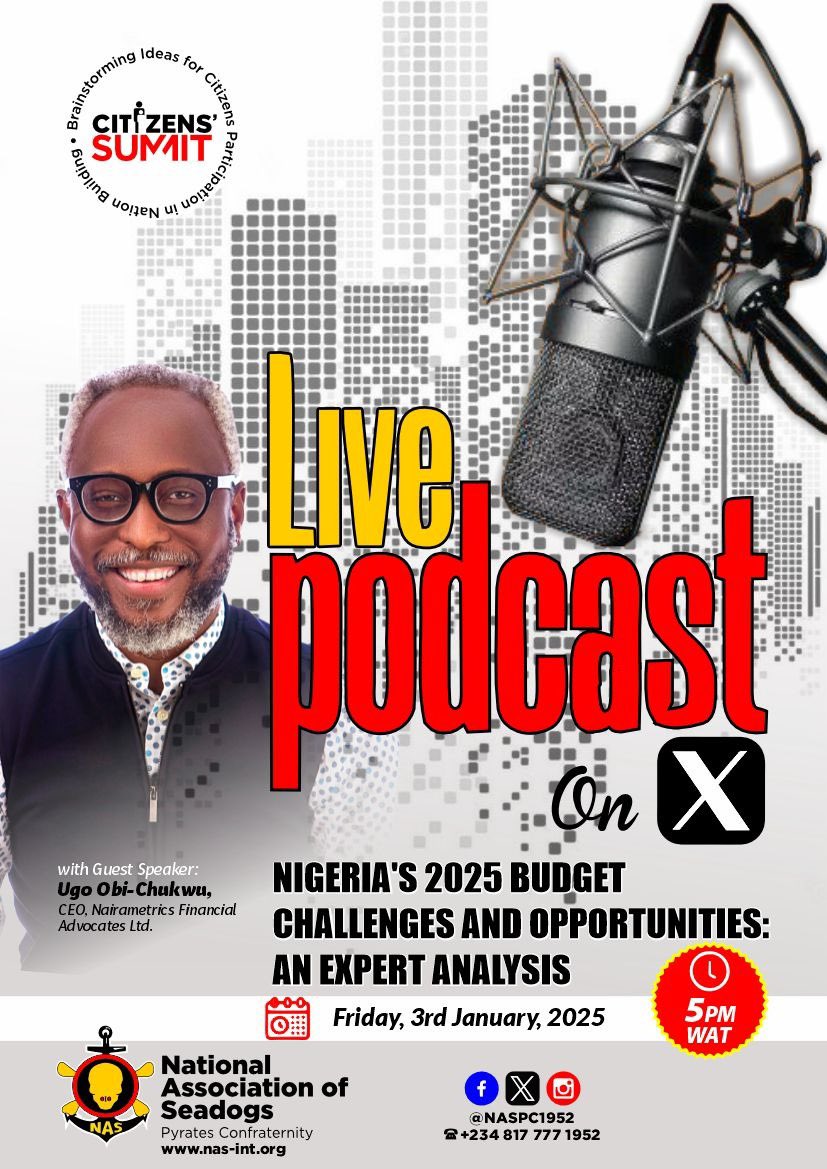 NASPC1952's tweet image. Join the conversation

NAS Citizens’ Summit invites you to join hands as we present an expert analysis of the Nigeria’s 2025 Budget: Challenges and Opportunities. 

Join @Ugodre, Founder/CEO @nairametrics on X Space open podcast as we discuss the 2025 Nigeria Budget. 

Date:…