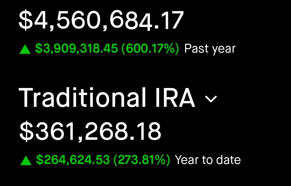 FULL PORTFOLIO 2024 RETURNS (TAX/IRA/CRYPTO)

$SPY S&amp;P 500 +23%
$QQQ NASDAQ +29% YTD

I am ending out a banger year with 600% on main portfolio, IRA with 273%, and crypto nearly 250%.  This exceeded all my expectations.  

I expected election year the returns were good, and a