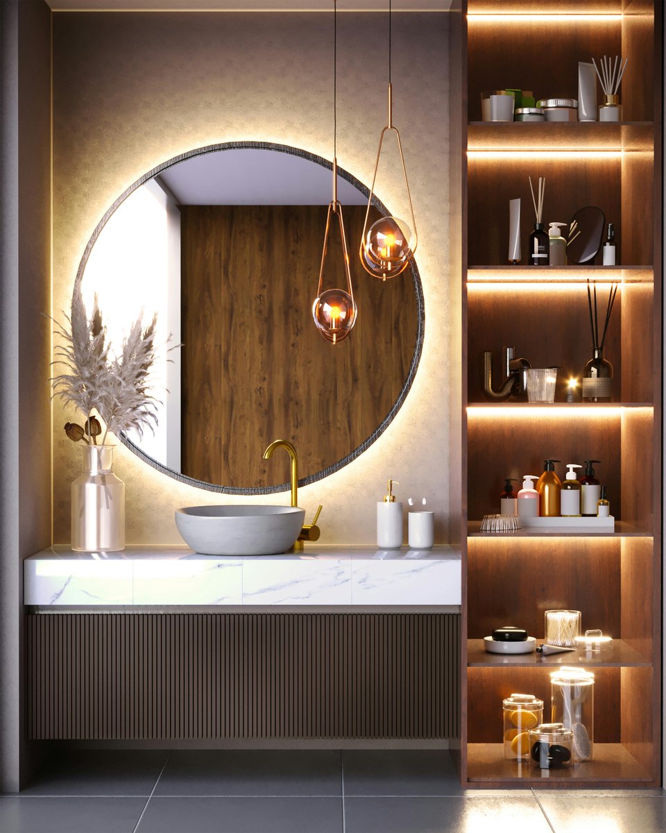 fuzzybeedecor1's tweet photo. Backlit mirror, hanging accent lights, a trendy vanity sink and under-shelf lights all work together to make an awesome statement for this bathroom. 🐝🐝
#bathroom #bathroomdecor #mirror #backlitmirror #interior #interiordecor #decor #homedecor #home #accentlighting #mystyle https://t.co/cE0NWChiCS