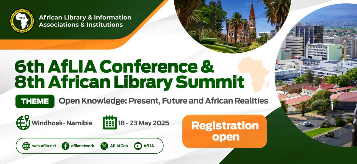 We invite all library and information professionals to register for the continent’s biggest library summit! The 6th AfLIA Conference and 8th African Library Summit will be an exciting convening for knowledge sharing, innovation, and collaboration. Read -  web.aflia.net/registration-o…