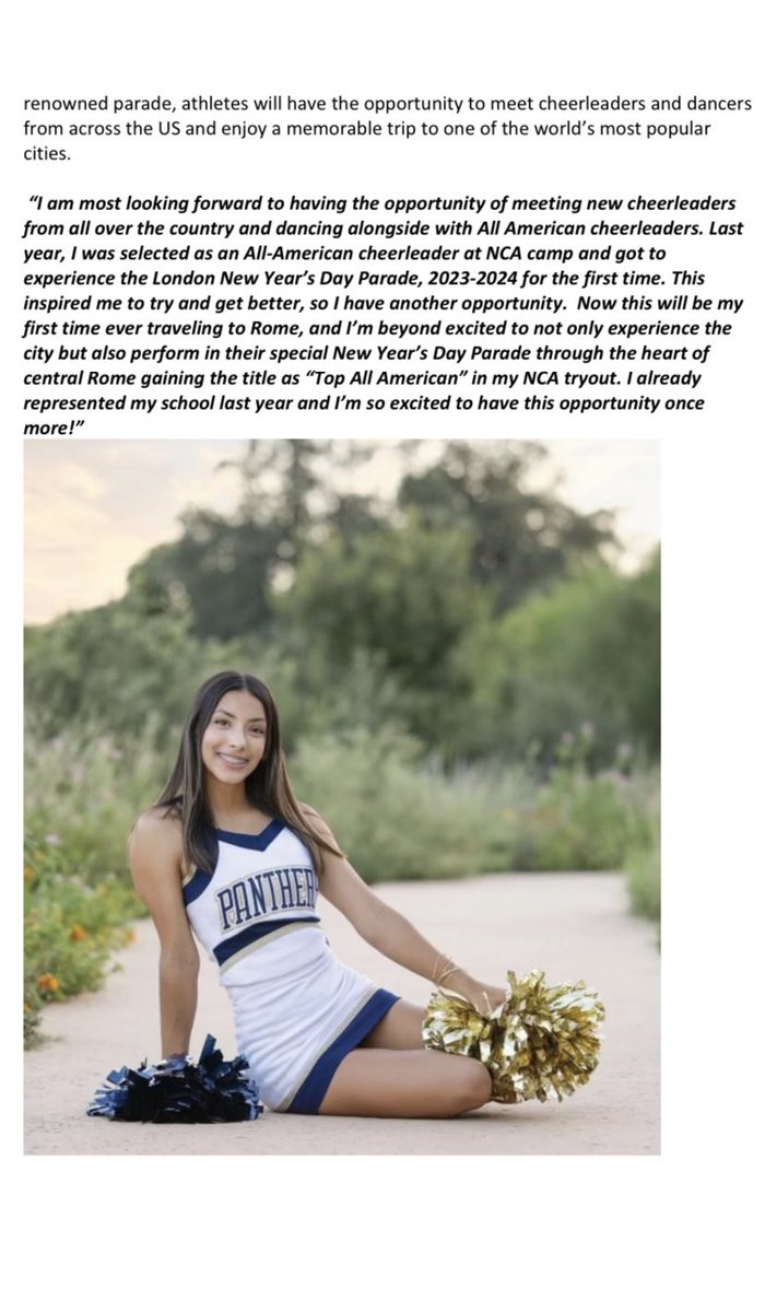OC Cheerleader, Patrisia Ruiz, will represent O’Connor in Rome at the Varsity New Year’s Day Parade!