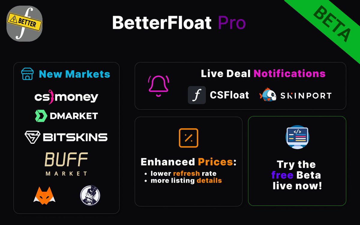 📢BetterFloat just received the version 3.0 BETA 📢

Introducing BetterFloat Pro, a new subscription to make finding deals even easier.

Please note that the extension requires new permissions due to the newly supported markets!