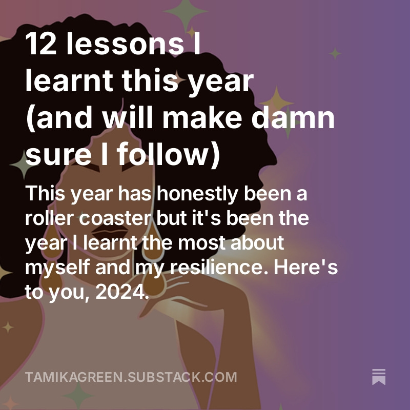 My 2024 recap is here - 12 lessons I learnt this year. It’s packed with great advice (I’ve been through the trenches)
Goodbye 2024, hello New Year and new job! 🥳🎉
tamikagreen.substack.com/p/12-lessons-i…
#NewYear2025 #NewYear
