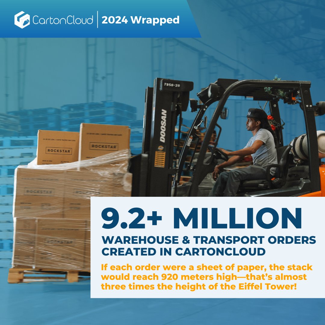 #CCWrapped2024 This year, 9.2+ million warehouse &amp; transport orders flowed through CartonCloud. 📦🚚 That’s the equivalent of a paper stack 920 meters high, or almost 3 Eiffel Towers tall! 
Read more about our CartonCloud Pallet-Wrapped highlights here: cartoncloud.com/blog/cartonclo…