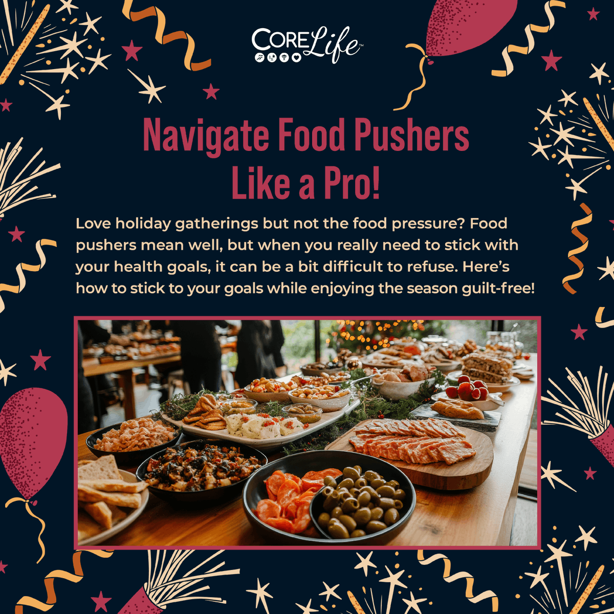 CoreLifeMD's tweet image. 🎄 Holiday food pushers? No problem! Stick to your goals and still enjoy the season through these tips:

✅ Plan your meals ahead of time
✅ Politely say “no, thanks”
✅ Focus on family, not just food

Learn more tips at corelifemd.com

#HolidayHacks #CoreLife 💪
