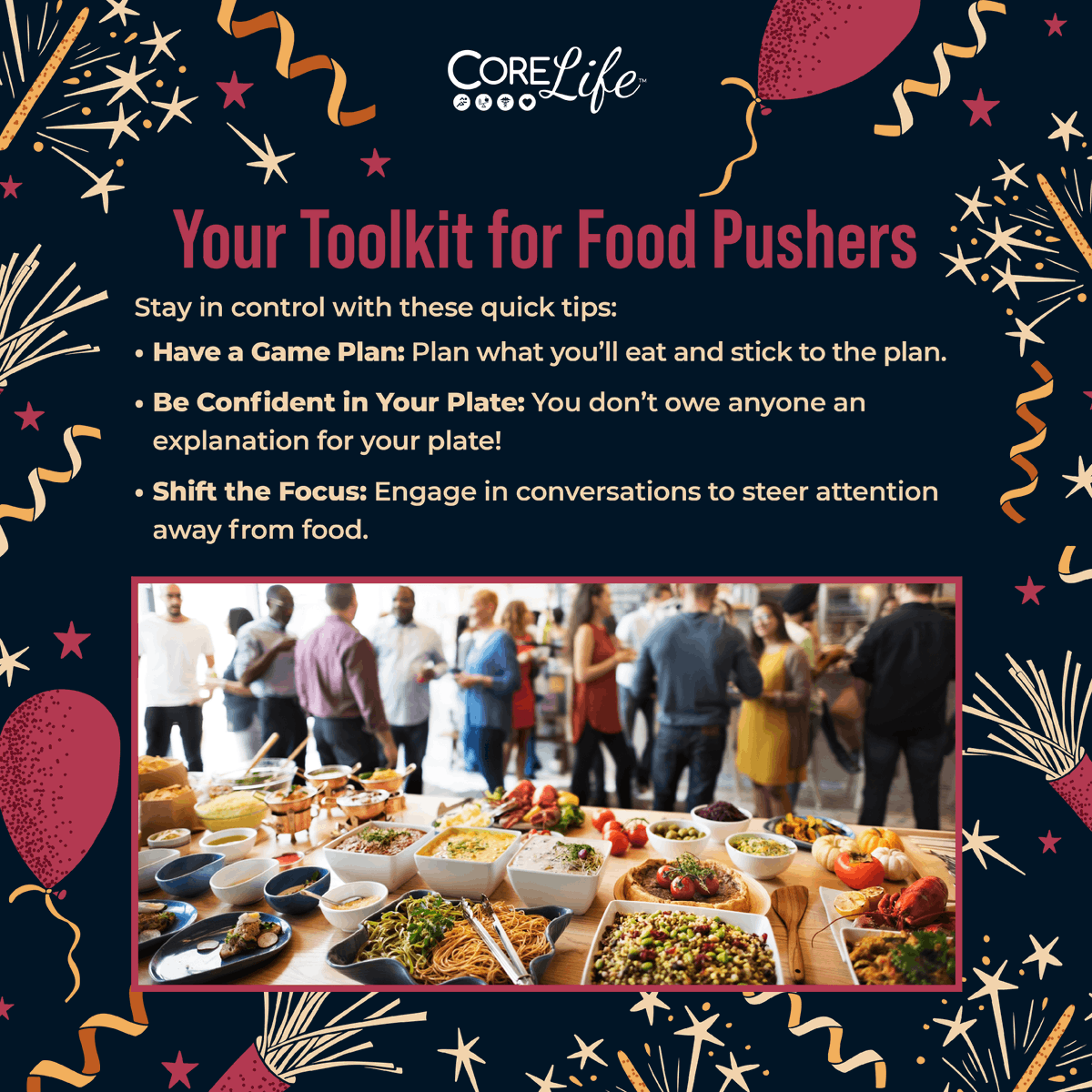 CoreLifeMD's tweet image. 🎄 Holiday food pushers? No problem! Stick to your goals and still enjoy the season through these tips:

✅ Plan your meals ahead of time
✅ Politely say “no, thanks”
✅ Focus on family, not just food

Learn more tips at corelifemd.com

#HolidayHacks #CoreLife 💪