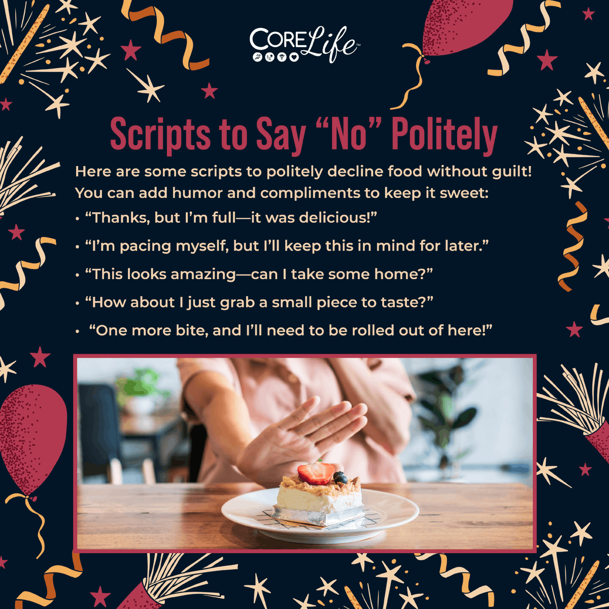 CoreLifeMD's tweet image. 🎄 Holiday food pushers? No problem! Stick to your goals and still enjoy the season through these tips:

✅ Plan your meals ahead of time
✅ Politely say “no, thanks”
✅ Focus on family, not just food

Learn more tips at corelifemd.com

#HolidayHacks #CoreLife 💪