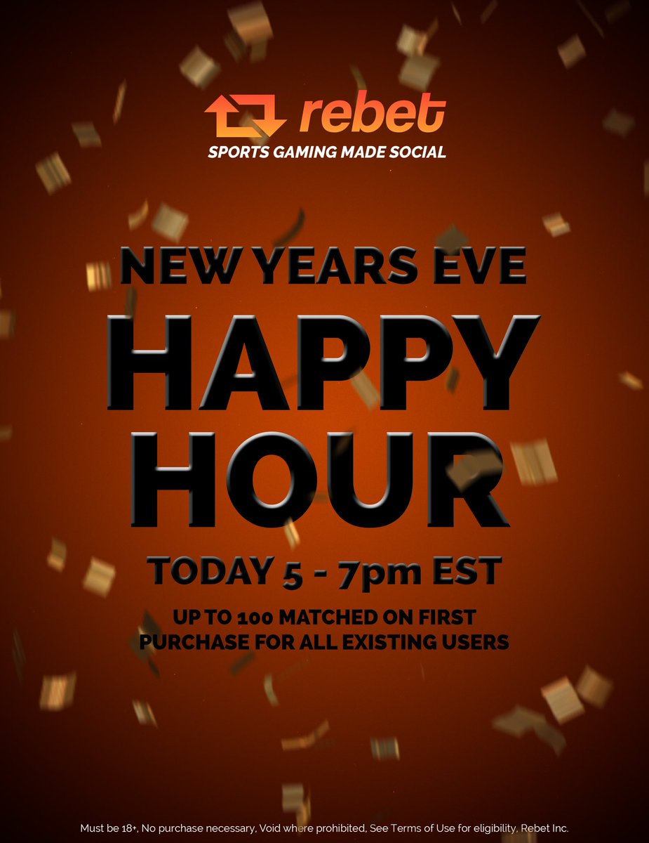 🍾 HAPPY HOUR &amp; GIVEAWAY 🍾🚨

From now until 7:00 PM EST we will be offering HAPPY HOUR in celebration of NYE. All users will get up to a $100 ReBet Cash matched in a free bet on their next purchase! 

We are also giving away ReBet cash in free play to some lucky users. Want a