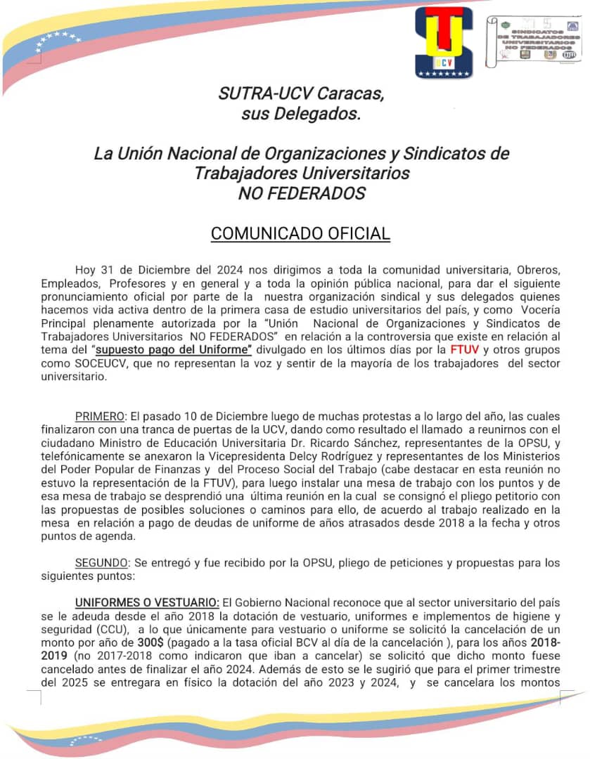 Sutraucv1's tweet photo. Comunicado Oficial SutraUcv Caracas y los Sindicatos No Federados https://t.co/GeTqSc6i4z