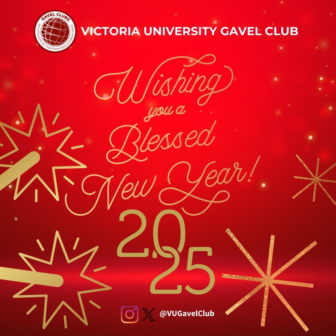 Cheers to a New Year filled with growth, inspiration, and achievements! 🎉
✨ From the Victoria University Gavel Club, we wish you a blessed and prosperous 2025! 🌟

#HappyNewYear
#VUGavelClub