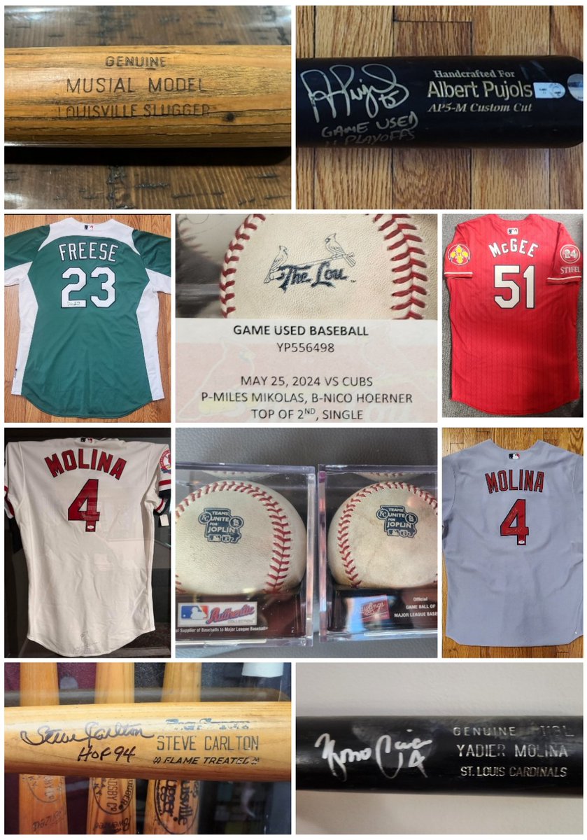 StLouisGameUsed's tweet photo. My top game used pickups of 2024:
Musial 59-60 bat
Pujols 11 playoff bat
Freese 12 St. Patrick's Day jersey
Carlton 60s bat
The Lou 24 logo ball
Molina 08 bat
Molina 08 jersey
Molina 85 Throwback jersey
Joplin 11 logo balls
McGee 24 City Connect jersey
#gameused #2024recap https://t.co/DijvJg7YvD