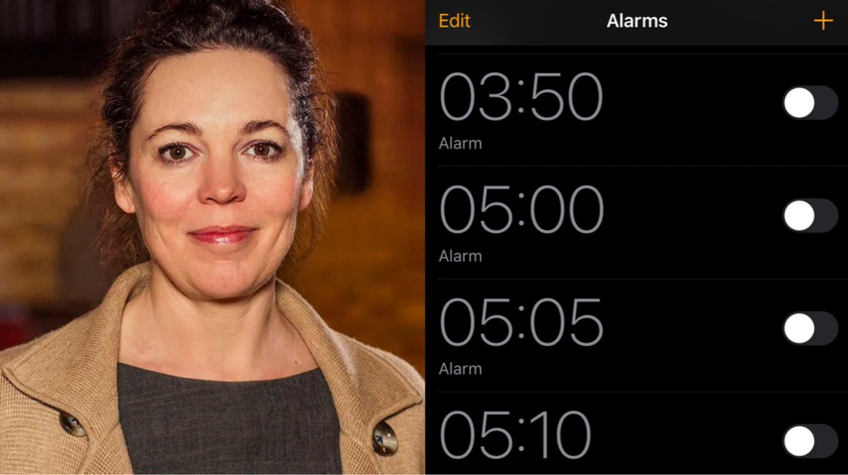 FakeShowbizNews's tweet image. Olivia Colman spends the evening looking back through some of her old iPhone alarms.

“That 03:50 alarm for our early flight to Rhodes was pretty brutal,” she recalled