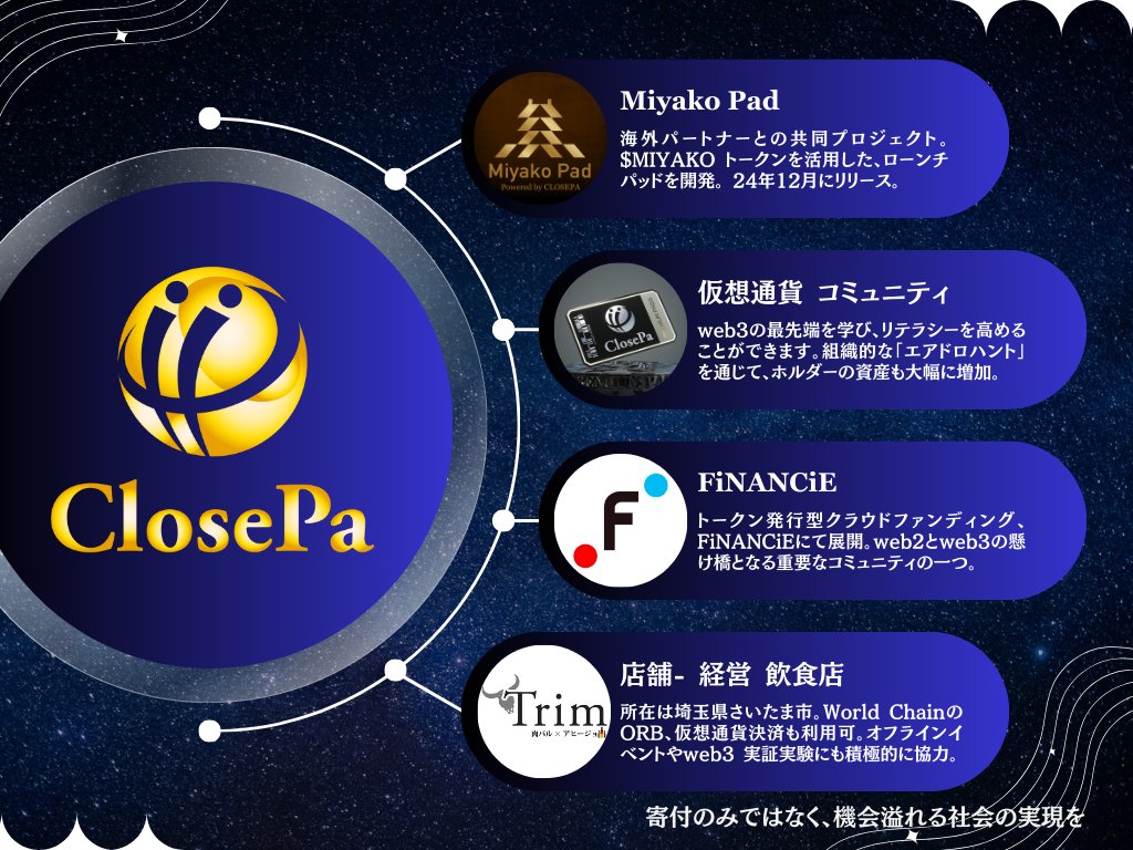 🔔明けましておめでとうございます
とはいえ、本音を言うと、年が明けた感覚は全く無くて。来年、本当の意味でみんなで喜び合いたい🌅
✅数名が億、数十名が数千万の資産回す組織に
2024年1月7日ポスト
x.com/Goemon_CLOSEPA…
✅CLOSEPA総括 in 2024
x.com/Goemon_CLOSEPA…
💎Buy $MIYAKO, 基幹NFT