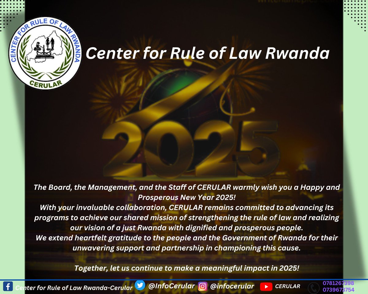 <a href="/InfoCerular/">Cerular</a> wishes you a Happy New Year 2025!
CERULAR remains committed to advancing its programs to achieve its mission and vision.
We extend heartfelt gratitude to the people and the <a href="/RwandaGov/">Government of Rwanda</a> for their support and partnership in championing this cause.
END.
#2025newyear