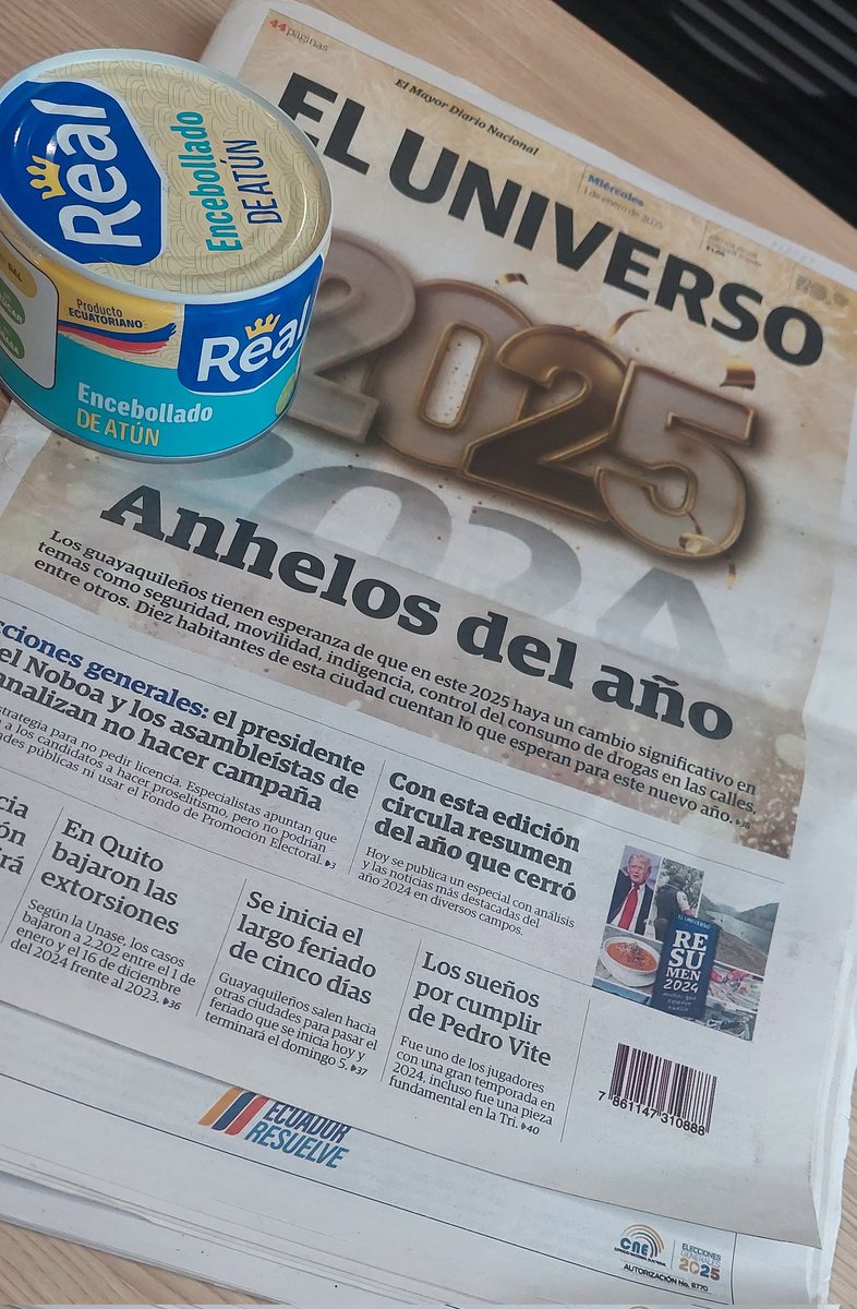Juan Luis Fuenzalida (@jlfuenzalida) on Twitter photo Que buena estrategia de <a href="/eluniversocom/">El Universo</a> y Atún Real.
Por un dólar el diario y el encebollado. Un clásico del 1 de enero. Que buena estrategia de <a href="/eluniversocom/">El Universo</a> y Atún Real.
Por un dólar el diario y el encebollado. Un clásico del 1 de enero.