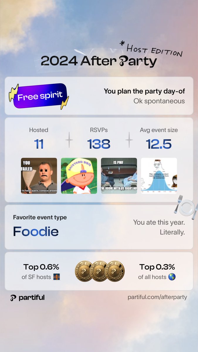 It’s an honor to be in the top .6% of Partiful hosts in sf

S/o to <a href="/baileygspell/">Bailey Spell</a> for literally doing all the work and adding me as cohost:)